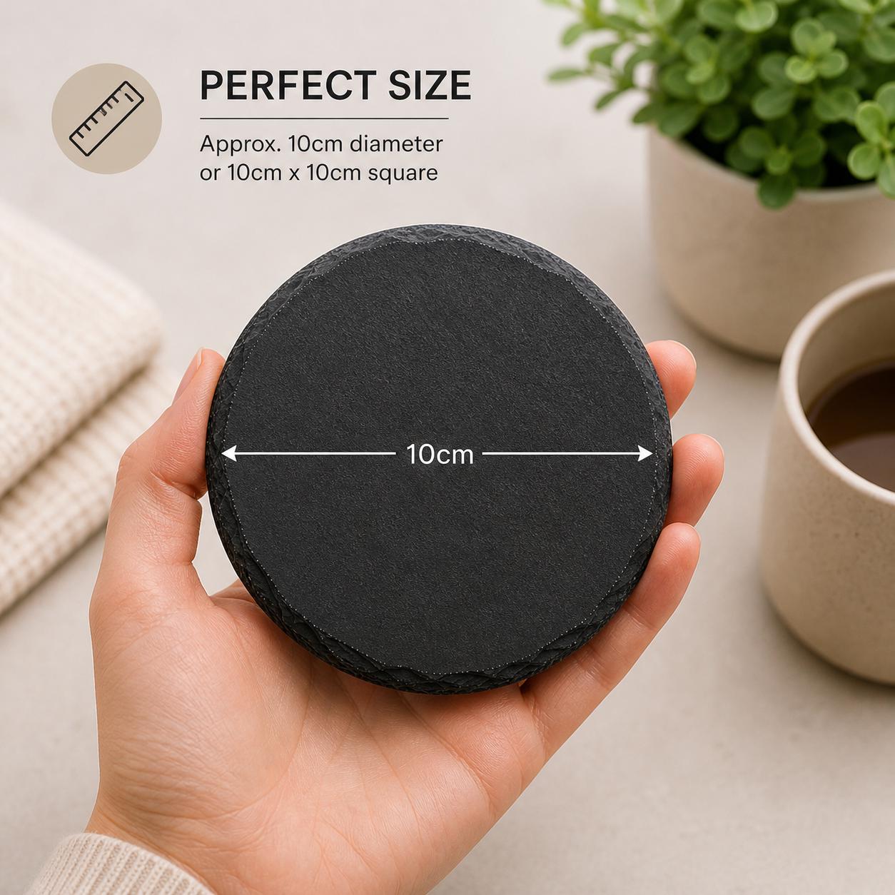 Round slate coaster dimensions Round natural slate coaster dimensions: approximately 10 cm diameter