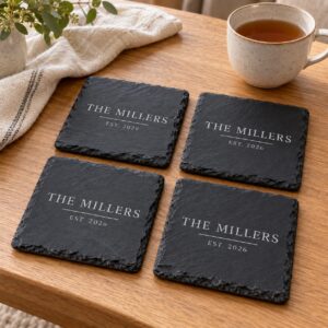 Personalised Family Name Slate Coasters – Set of 4